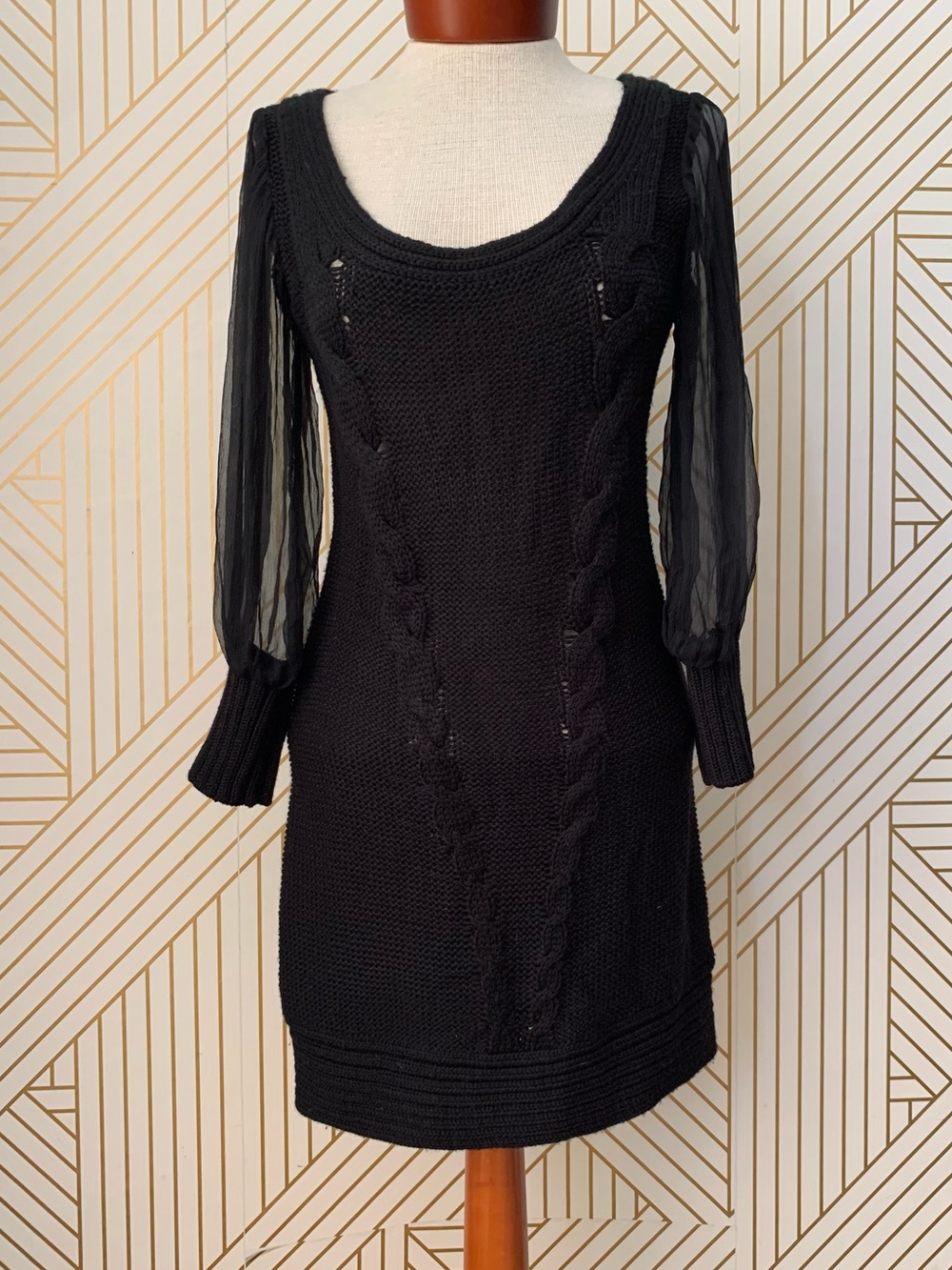 Bebe Y2K Wool silk Cable Knit Sweater dress puff sleeves 2000s chunky knit M